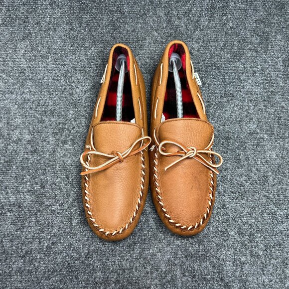 L.L. Bean Moccasin Slippers Men's 12 Brown Leather Fleece Lined Slip On Shoes - Picture 3 of 10